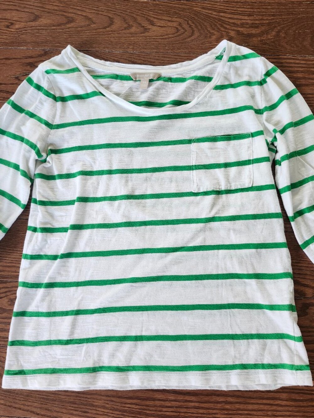 Banana Republic Women's Striped Top XS Green White 3/4 Roll Tab Sleeve Peppy